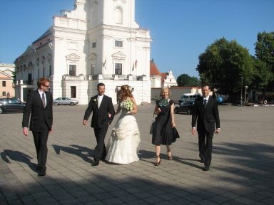 
The Rotuse-The old town hall-Wedding outside-Kaunas-Lithuania-close to the hotel-
market square-newly wed-At night    
        